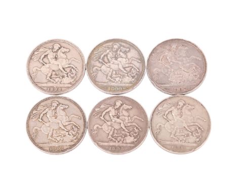 6 silver Crowns, 5 Queen Victoria 1895/97/98/99/1900 &amp; Edward VII 1902, total 169g