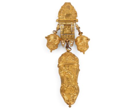 A George III Gilt-Brass Etui and Chatelaine, circa 1750, the etui with repousse decoration depicting a classical scene of two