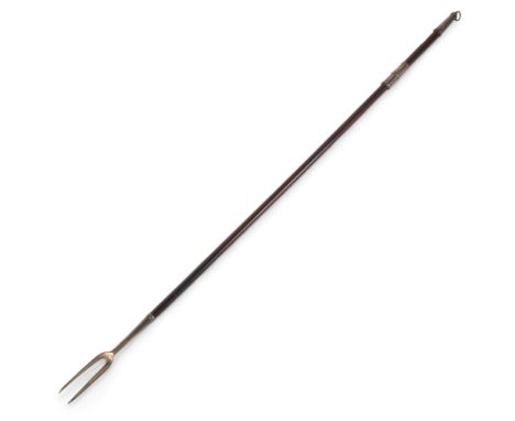 A rare Charles II Period silver-mounted toasting fork, circa 1670, wood handle with silver mounts and tines, very indistinct 