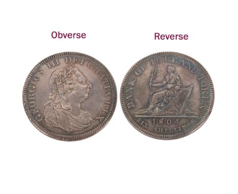 A George III 1804 silver six Shilling Bank of Ireland Token, boxed, 41mm, 27g