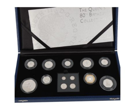 Queen Elizabeth II Royal Mint 'The Queens Birthday Collection' silver proof coin set, with four-piece maundy set, cased with 
