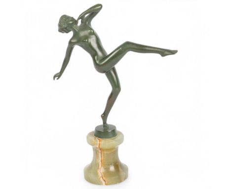 Josef Lorenzl (1892 - 1950), Nude Dancer, verdigris patinated bronze circa 1922, signed on base, onyx plinth, height 20cmPerf