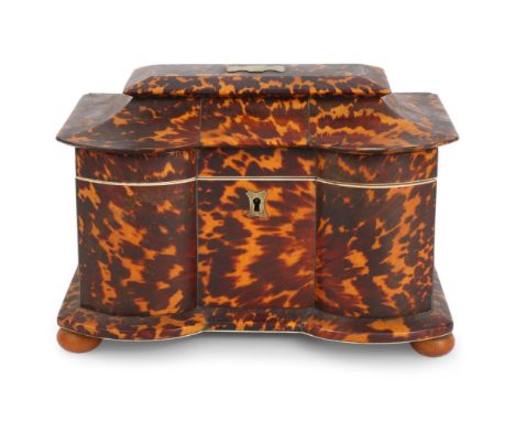 A 19th century tortoiseshell tea caddy, with shaped front and inner lids, length 22cm, height 15cm