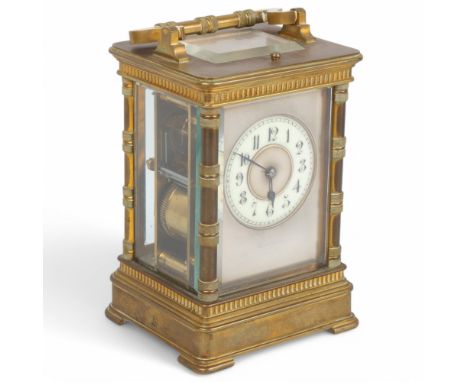 19th century French carriage clock, gilt-brass case with corner columns and repeat movement, case height 15cm