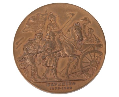 A bronze commemorative medal, Lord Baden Powell Relief of Mafeking 1899-1900, struck by Spink and Son, London in original box