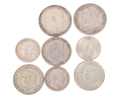 8 British silver coins, 1901 to 1945, 2 Half-Crowns, 3 Florin/Two Shillings, 2 Shillings, total 79g