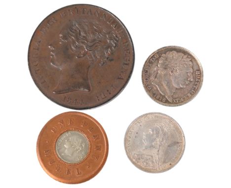 A Jersey 1/13 of shilling 1844 bun head coin, 1816 & 1887 silver Sixpence and Victorian one penny model coin (4)