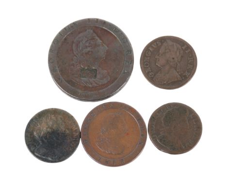 A George III bronze 1797 cartwheel penny counterstruck "I.E.", dia 36mm, George IV 1813 Half-penny, William and Mary 1694 Far