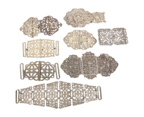 A collection of 8 vintage silver plated nurses and similar buckles, longest 21cmAll with wear commensurate with age and use