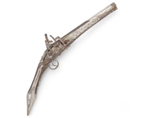 An Antique Continental flintlock pistol, with unmarked engraved silver mounts, barrel length 25cm
