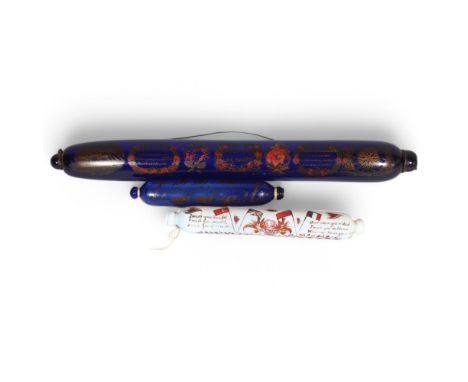 An exceptionally large 19th century blue glass rolling pin, with transfer sailing ship designs and text "Love And Be Happy", 