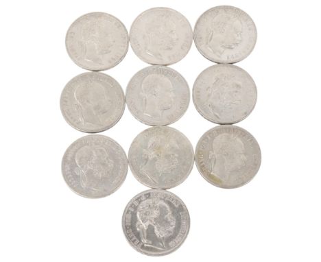10 Franz Joseph I, Austria/Hungary silver 1 Florin all 1879-1886, 29mm, total 122.7.2g