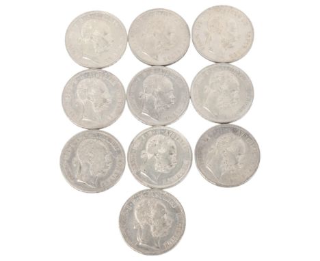 10 Franz Joseph I, Austria silver 1 Florin all 1877--1879, 29mm, total 123.4g