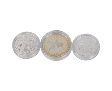 A 2002 Royal Mints Queen Elizabeth 50th Anniversary Accession silver proof coin set, Canadian $1, UK £5, Australian 50p, in p