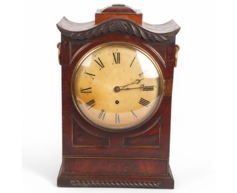George III mahogany-cased 8-day bracket clock, carved and panelled case with brass grilles and ring handles, height 44cm