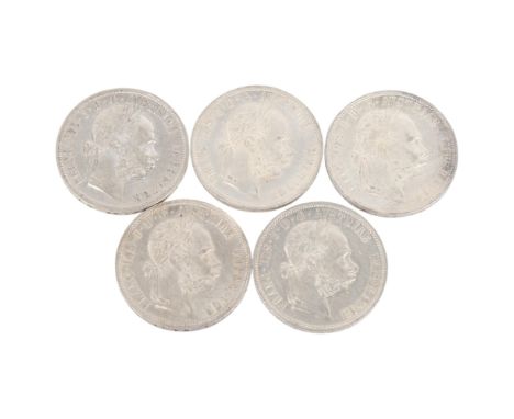 5 Franz Joseph I, Austria silver 1 Florin all 1889-1893, 29mm, total 61.7g