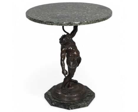 An 18th or 19th century bronze and marble circular table, the 53cm top supported by a patinated bronze figure of Hercules hol