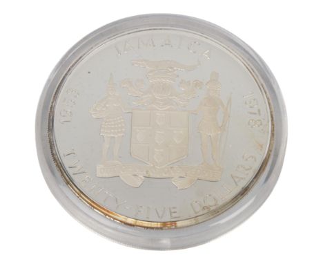 A Jamaica £25 sterling silver proof coin commemorating Queen Elizabeth II silver Jubilee, in presentation box with certificat