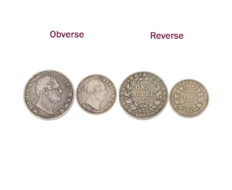 2 William IV East India Company silver coins, 1 Rupee 1835, 1/2 Rupee 1835, total 17.1g