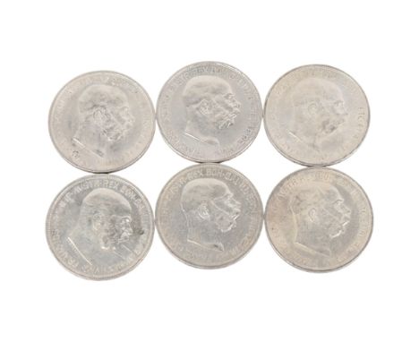 6 Franz Joseph I, Austria silver 2 Corona all 1912/13 , 27mm, total 60g