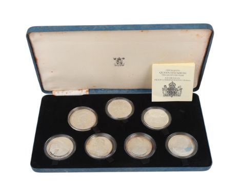 A Royal Mint, silver proof commemorative coin set for the Queen Mothers 80th Birthday 1980, all coins except Tuvalu coin, in 