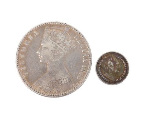 A Queen Victoria silver 1849 Florin together with a George III 1834 3 Half-Pence Colonial coin, Florin diameter 28mm, total 1