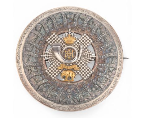 A 19th century Highland Light Infantry Officer's unmarked silver plaid brooch, in original Morocco leather case, diameter 10c