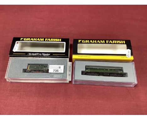Two Graham Farish 'N' Gauge/2mm Cased Diesel Locomotives, a Ref No 371-079 Class 25 Bo-Bo BR two-tone green R/No D7638; plus 