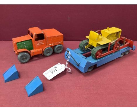 Moko Lesney Toys Large Scale Prime Mover with Trailer and Bulldozer, engine covers, ramps, tow hook, all intact, overall good