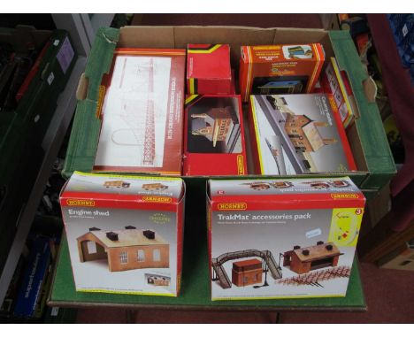 Eight Hornby 'OO' Gauge/4mm Boxed Trackside Buildings Etc, comprising Ref No R179 gran suspension bridge' R503 signal box, R5