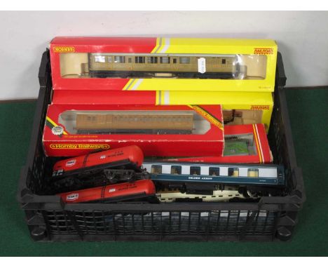 Nine 'OO' Gauge/4mm Items of Hornby Bogie Rolling Stock, comprising two boxed L.N.E.R teak coaches Ref No's R4332 and R4333; 
