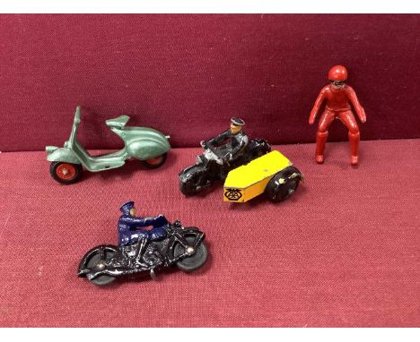 Original Benbros Vespa Scooter and Rider, appears overall very good and unbroken, plus two post-war Dinky motorbikes, an AA w
