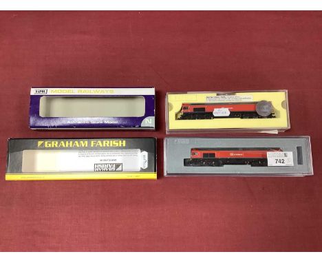 Two 'N' Gauge /2mm Class 66 DB Rail Co-Co Diesel Locomotives, Schenker livery; a Graham Farish example Ref No 371-383 with R/