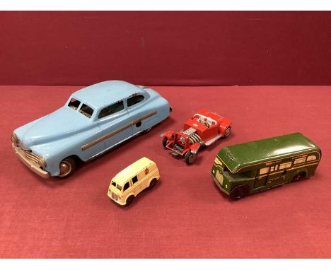 Original Schuco Ford Hot Rod, playworn, a Wells Brimtoy green line tinplate bus, a JNF standard tinplate car and a clockwork 