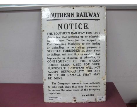 1920's Southern Railway Enamel Sign Concerning Fixing of Wagon Doors, black on white, some restoration.