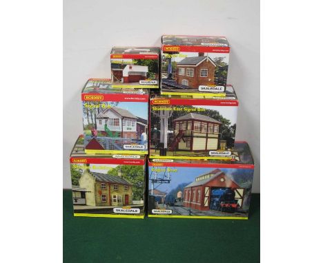 Six Hornby Skaledale 'OO' Gauge/4mm Boxed Trackside/Buildings, consisting of Ref No R8536 engine shed; R8629 station building