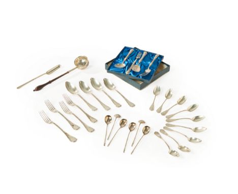 A group of silver including a French silver dessert set. Pierre Queille,Paris, mid-19th century. The four piece set including