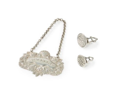 Two Georgian silver seals and a silver wine label. Various dates and makers. The larger seal, c.1750, engraved with the initi