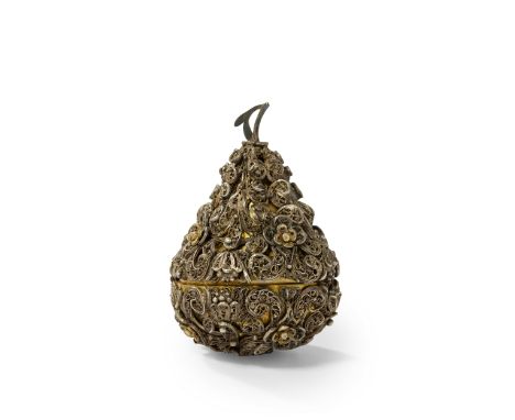 A German silver filigree scent box in the form of a pear. South Germany,  c.1700.The gilded body hinged at the mid-section an