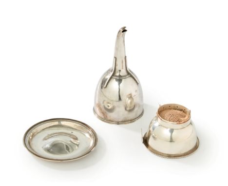 A George III silver wine funnel. William Barret II, London, 1814. Of plain, circular form, with detachable straining bowl and