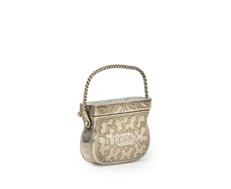A novelty William IV silver vinaigrette. Gervase Wheeler, Birmingham, 1833. In the form of a handbag, with wrigglework engrav