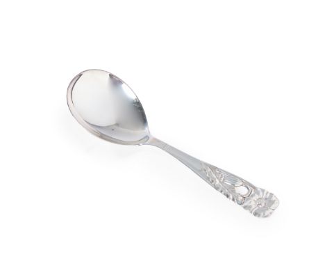 A Danish silver serving spoon with 'Poppy' handle. Poul C. Lutken Frigast,  Copenhagen, 1935. The large, circular bowl to an 