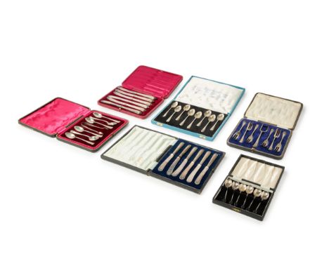 Six cased sets of silver flatware.Various dates and makers.The group comprising: a set of eight 'British Hallmarks' rat-tail 