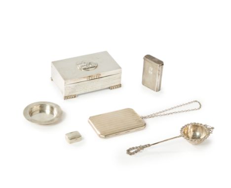 A group of silver including an unusual cigarette case with hinged base. Joseph Gloster, Birmingham, 1948. Of oblong, engine t