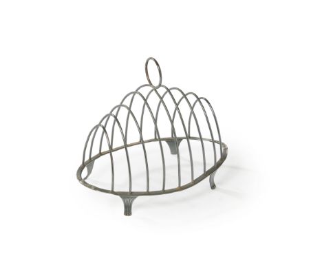 A George III silver toast rack. Peter & Ann Bateman, London, c.1795. Of oval form, the nine wire-work bars to a loop handle a