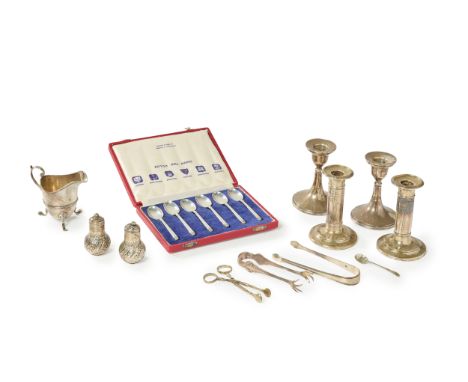 A mixed group of Georgian and later silver. Various dates and makers. The group including: a pair of short Edwardian silver c
