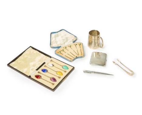 A small group of silver. Various dates and makers. The group comprising: a set of cocktail sticks with enamelled cockerel fin