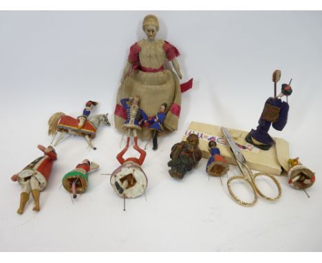 VINTAGE MINIATURE DOLL - with porcelain head and limbs and a quantity of small painted figurines, various compositions, along