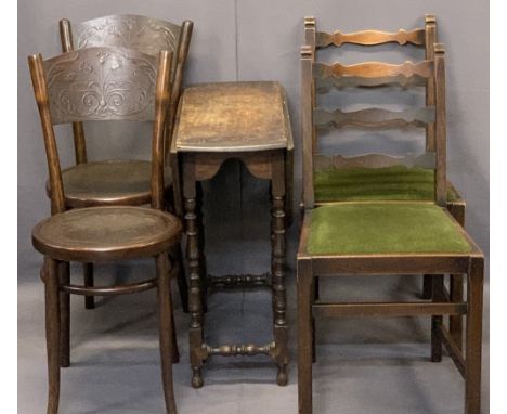 VINTAGE OAK GATELEG TABLE &amp; FOUR CHAIRS (2+2) - the gateleg with carved detail to the top rim on busy turned supports and