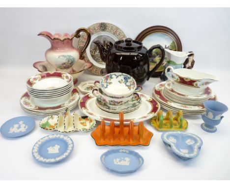 MIXED CHINA &amp; POTTERY GROUP to include a barge style teapot and cover, Shelley, Carlton and Burleigh ware toast racks, We